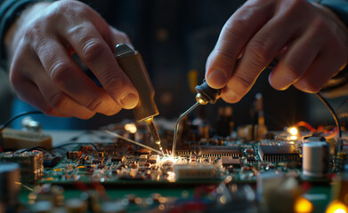A close-up of soldering on a circuit board, highlighting the precision and detail of electronic repair and engineering.