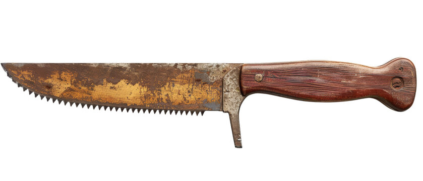 Close-up of a vintage rusty knife with a wooden handle. Ideal for use in themes related to history, rustic tools, or survival gear. transparent background.