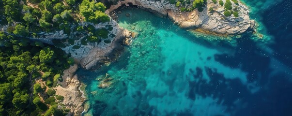 Fototapeta premium Dramatic aerial photography of a serene coastline with crystalclear waters, captured by a drone, sharp details, vibrant colors, 4K quality