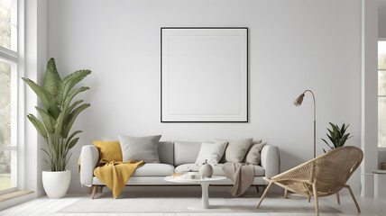 Poster frame mock-up in home interior background with sofa, table and decor in living room; Interior mockup with house background; Modern interior design; 3D render