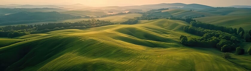 Obraz premium Drone footage of a peaceful countryside, rolling hills, and lush meadows, cinematic view, vibrant colors, highdefinition