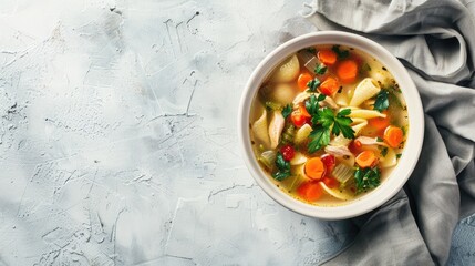 Manley's chicken soup, brimming with vegetables and pasta, served in a white bowl atop a light concrete background, viewed from above, with ample space for text.