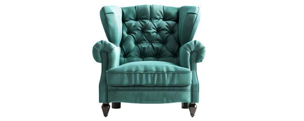 Fototapeta premium Elegant teal armchair with tufted backrest and plush cushions, perfect for living room decor, adding a touch of sophistication and comfort. transparent background.