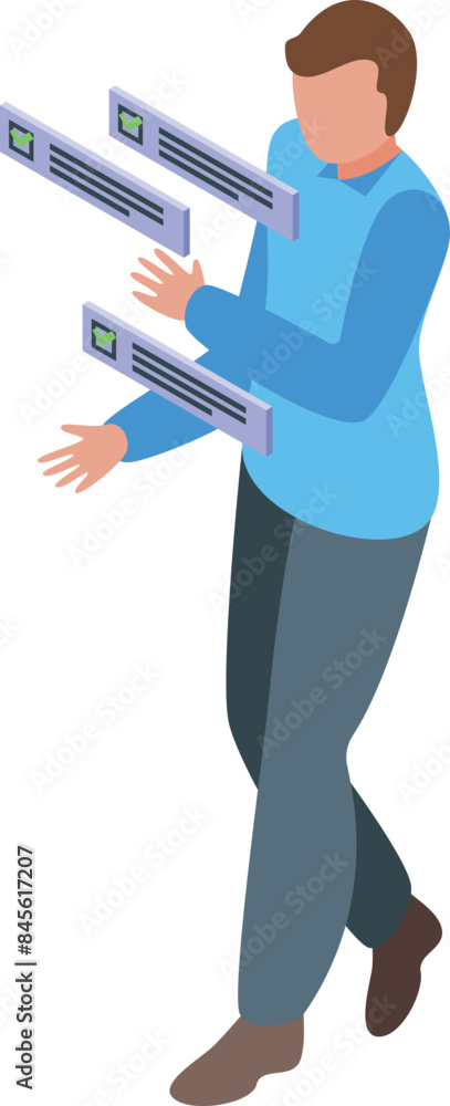 Poster man is interacting with floating online survey forms, indicating data analysis or market research