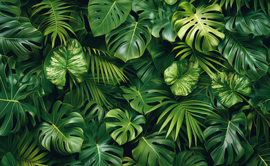 A lush, dense wall of green tropical leaves, creating a vibrant and natural backdrop.