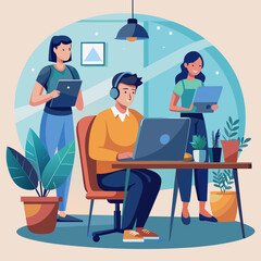 A flat illustration of a customer support scene with three characters. One character is sitting at a desk with a laptop and wearing headphones, while the other two are standing and using tablets. 
