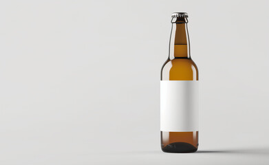  A plain brown glass beer bottle with a blank white label, set against a neutral background.