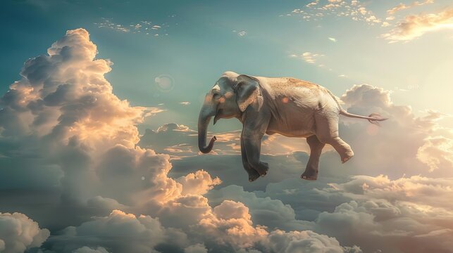 surreal flying elephant floating gracefully in the sky digital illustration