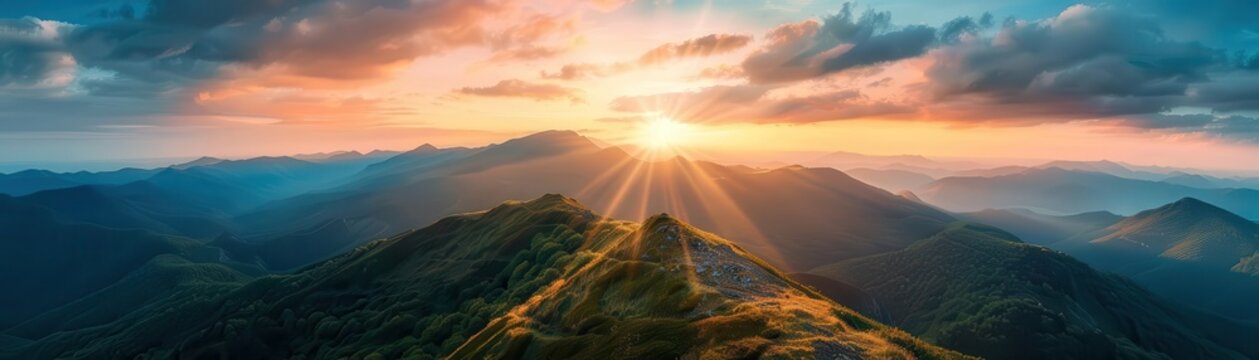 Drone landscape view of a majestic mountain range at sunrise, golden light, dramatic peaks, highdefinition, breathtaking scenery