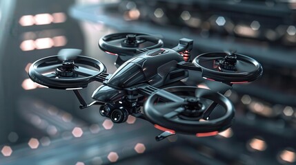 Hightech quadcopter drone equipped with advanced cameras, flying in action, futuristic design, sharp details, professional photography