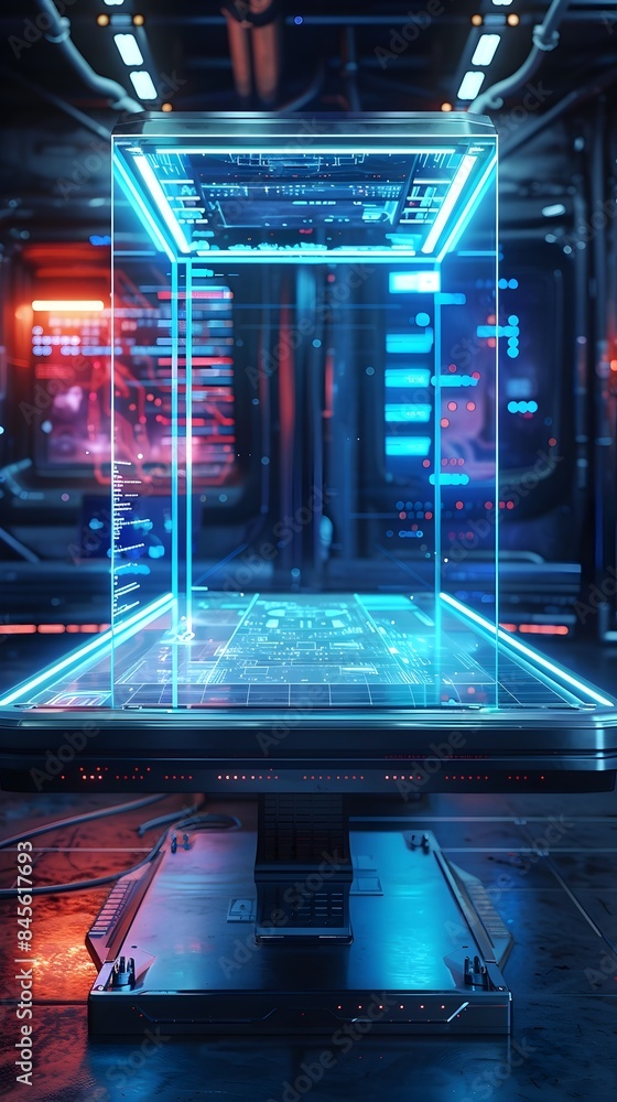 Poster holographic table in futuristic sci fi setting for displaying electronic gadgets and products