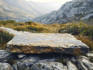 Rustic Stone Table in Mountain Retreat Setting for Outdoor Gear or Home Decor Display