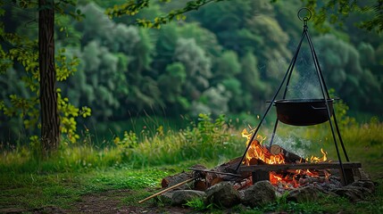 a black cast iron pot resting on three metal tripods over an open fire in nature, set against a lush green forest backdrop.