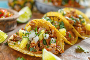 Authentic Mexican Tacos al Pastor with Marinated Pork, Pineapple, Cilantro, and Onions on Corn Tortillas
