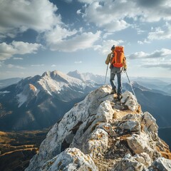 Hiker Conquering Rugged Ridge with Majestic Mountain Vistas in the Background