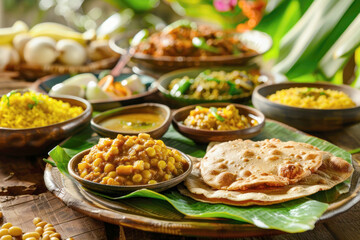 Traditional Mauritian Dholl Puri with Curry and Chutneys on Banana Leaf