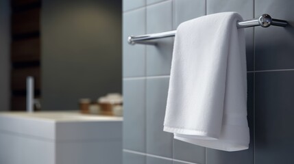 Close-up of clean white towel hanging in luxury bathroom.
