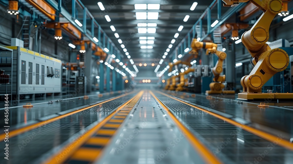 Poster automated factory floor with efficient robotic assembly line and high tech industrial setting