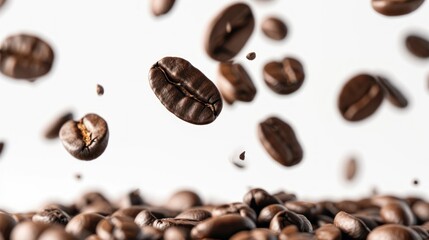 Fototapeta premium Appreciate the elegance of coffee beans clustered together, with additional beans falling against a blank white canvas, isolated