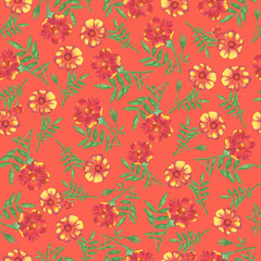 Marigold Flower Seamless Pattern. Hand Drawn Floral Digital Paper on Red Background.