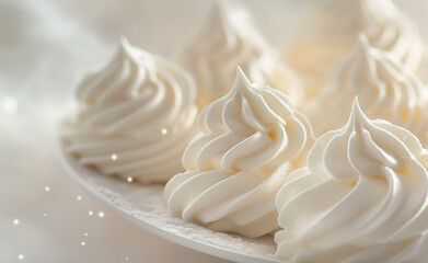 A close-up view of elegant, white meringue cookies artfully arranged on a plate.