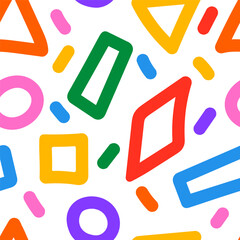 Naive abstract shapes in doodle  style in multi colored.  Vector illustration seamless versatile colorful pattern.