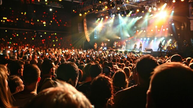 Crowded concert venue from sound engineer's perspective with stage lights