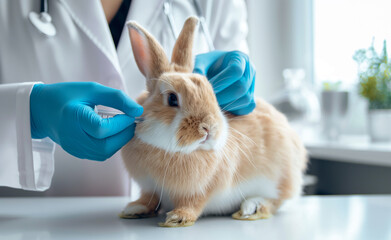 A small rabbit receiving a vaccination from a veterinarian wearing gloves.