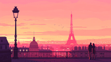 minimalistic romantic Paris cartoon, for Valentine's day.