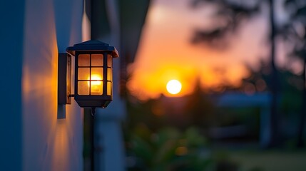 Warmly Lit Solar-Powered Porch Light at Dusk with Blurred Nature Background
