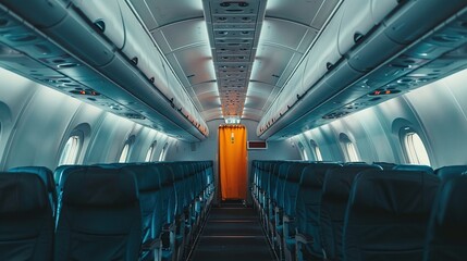 Interior of airplane with rows of seats and orange door.