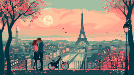 minimalistic romantic Paris cartoon, for Valentine's day.