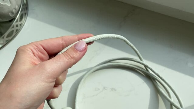 A white computer cable chewed by a cat