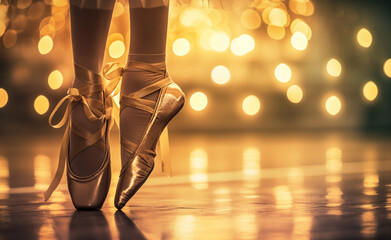 A ballet dancer on pointe, illuminated by warm, glowing lights, creating an elegant and ethereal...
