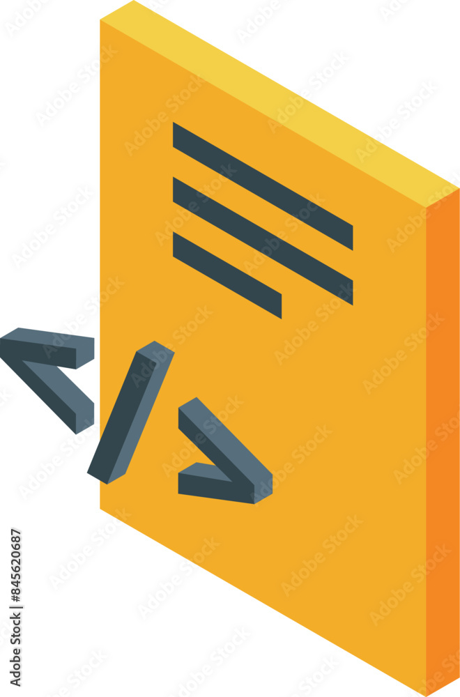 Poster isometric icon of html tag appearing from a yellow notepad representing front end development