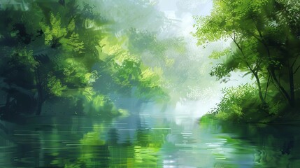 Obraz premium tranquil misty riverbank surrounded by lush green trees serene nature landscape digital painting