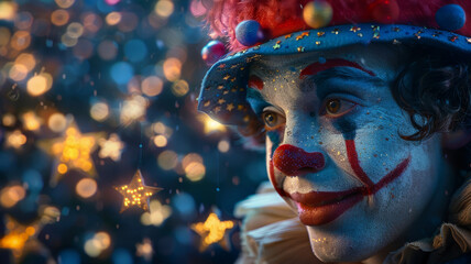 Obraz premium A clown with makeup and a hat, surrounded by starry lights.