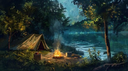 Fototapeta premium tranquil riverside camping cozy tent simmering pot serene summer vibes digital painting