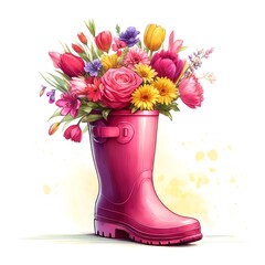 An image of a pink rain boot filled with an assortment of colorful flowers