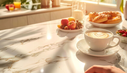 A sunlit kitchen table with a latte, fresh fruits, and pastries, creating a warm and inviting breakfast setting