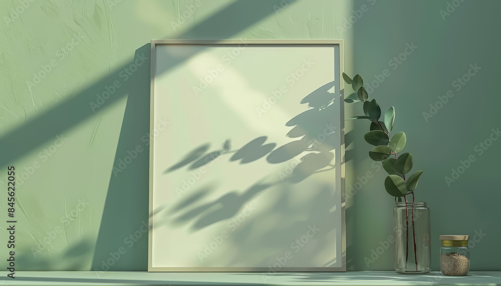 Aufkleber 3d rendering of white vertical empty frame mockup on shelf in green room with eucalyptus branch and jar