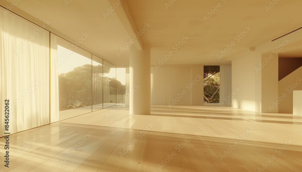 Poster A large empty room with white walls and wooden floors, the corner casting soft shadows on one wall, sunlight streaming through tall windows creating long reflections across the floor