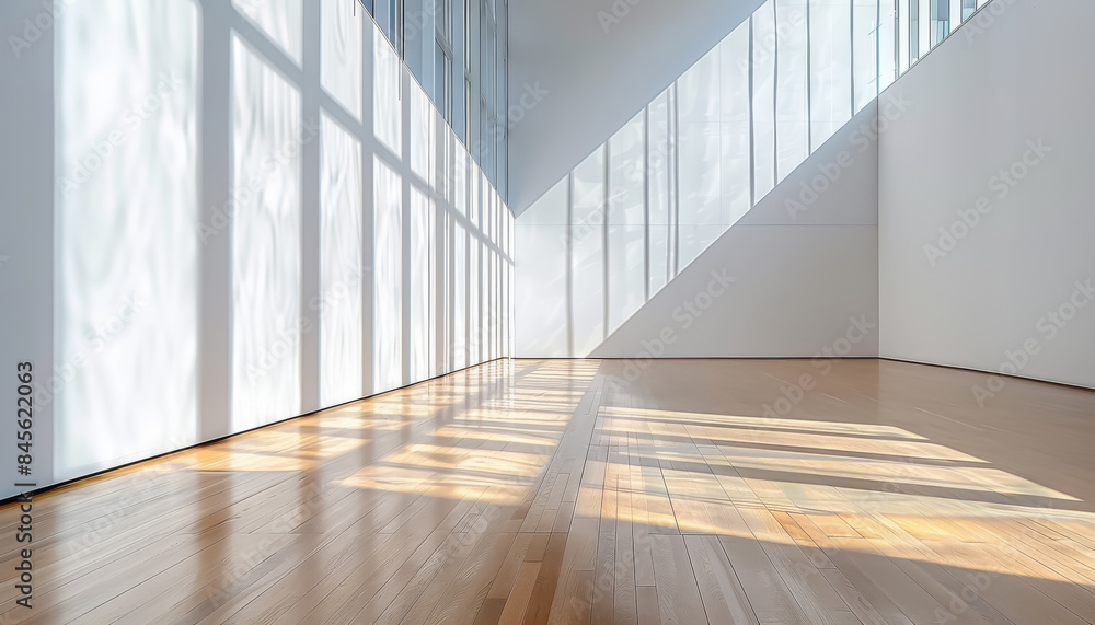 Poster A large empty room with white walls and wooden floors, the corner casting soft shadows on one wall, sunlight streaming through tall windows creating long reflections across the floor