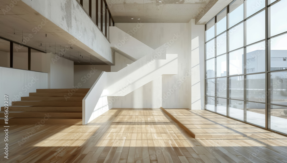 Poster a spacious empty loft interior with white walls, wooden floor and large windows, showcasing the stai