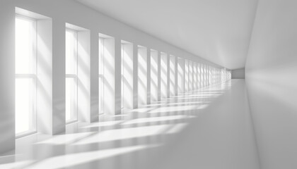 Obraz premium Long white corridor with large windows, casting elongated shadows, creating a serene and minimalist environment