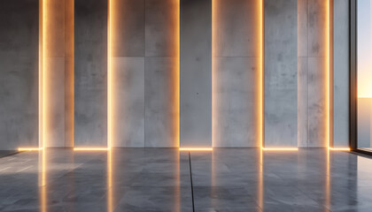 Concrete wall with vertical warm light accents, reflecting on the polished floor, creating a modern industrial feel