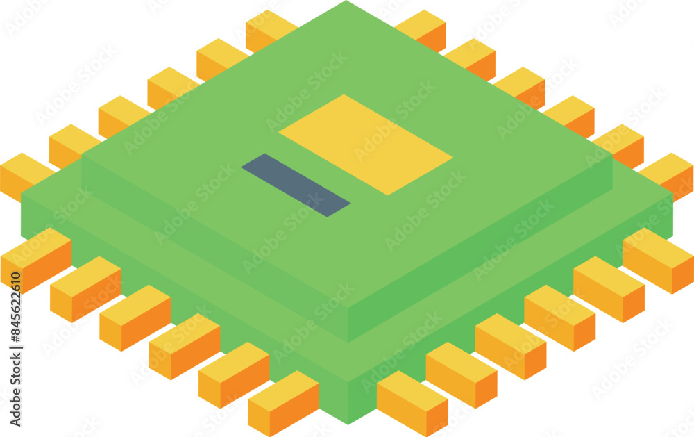 Poster isometric cpu processing unit with a green circuit board and orange pins