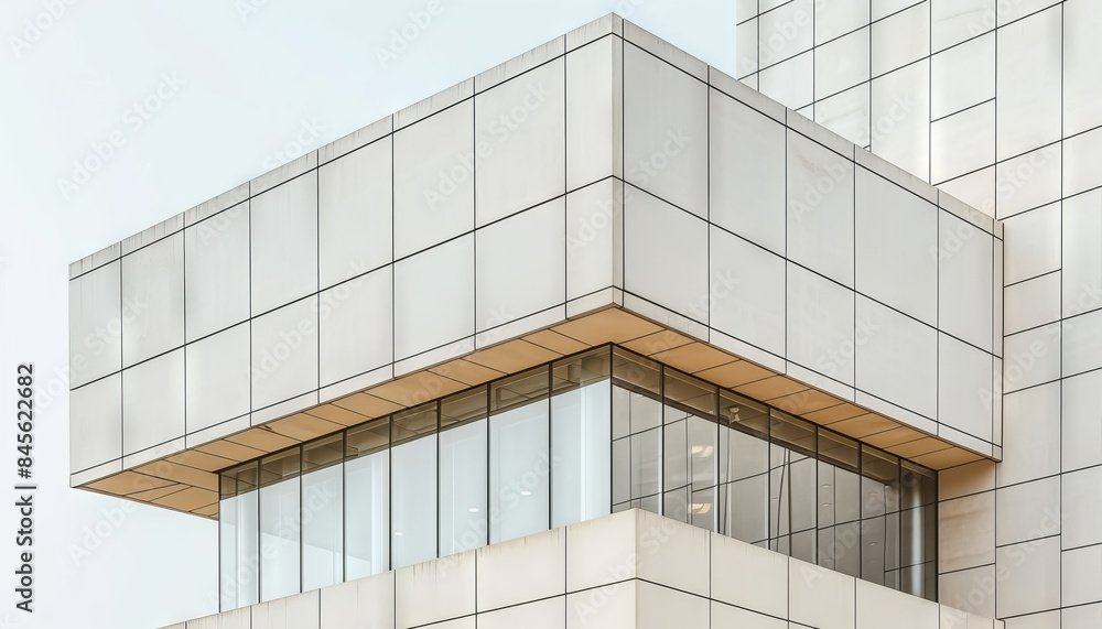 Poster a close-up of a modern building with clean, geometric lines and reflective glass windows against a l