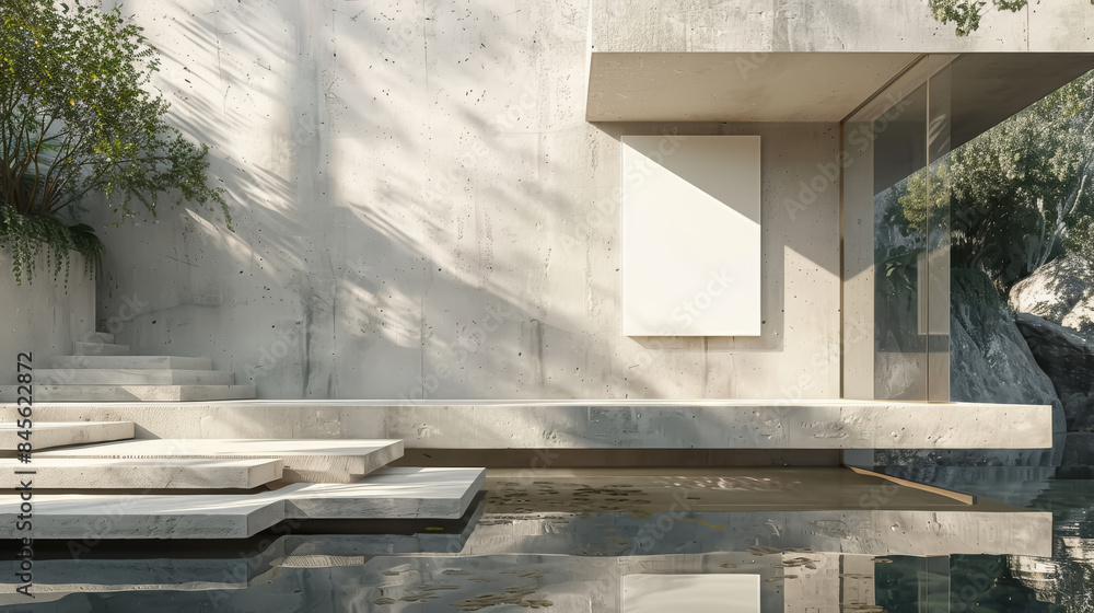 Aufkleber Exterior view of a modern concrete building with steps leading to a reflection pool and a blank vertical frame
