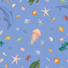 Underwater sea life vector seamless pattern. Exotic fish, dolphin, starfish, shells, crab, turtle, jellyfish. Abstract ornament of tropical ocean animals.